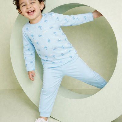 Organic Cotton Unisex Baby Co-ord Set – Soft Breathable Sky Blue Beach Print Full Sleeve T-shirt & Pyjama for Infants