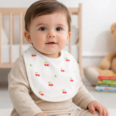 Organic Cotton Baby Bib – Soft Breathable Cherry Print, Feeding & Drool Bib