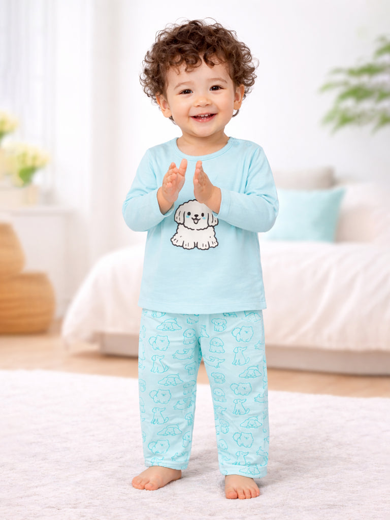 Organic Cotton Unisex Baby Co-ord Set – Soft Breathable Aqua Blue Dog Print Full Sleeve T-shirt & Pyjama for Infants