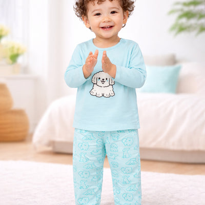 Organic Cotton Unisex Baby Co-ord Set – Soft Breathable Aqua Blue Dog Print Full Sleeve T-shirt & Pyjama for Infants