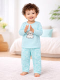 Organic Cotton Unisex Baby Co-ord Set – Soft Breathable Aqua Blue Dog Print Full Sleeve T-shirt & Pyjama for Infants