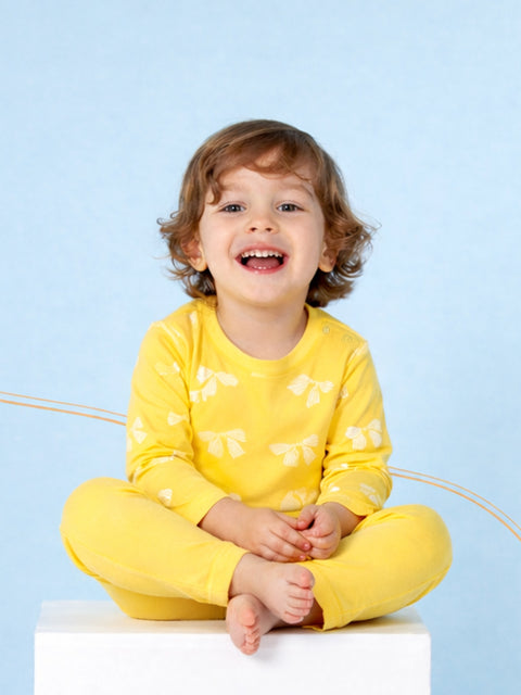 Organic Cotton Unisex Baby Co-ord Set – Soft Breathable Yellow Bow Print Full Sleeve Top & Pants for Infants