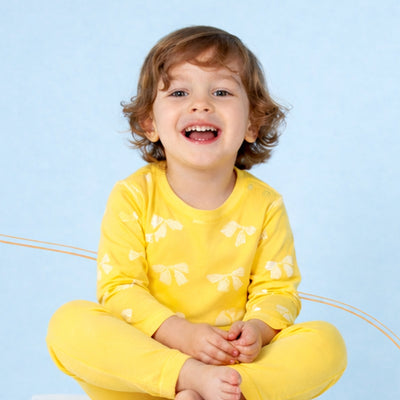 Organic Cotton Unisex Baby Co-ord Set – Soft Breathable Yellow Bow Print Full Sleeve T-shirt & Pyjama for Infants