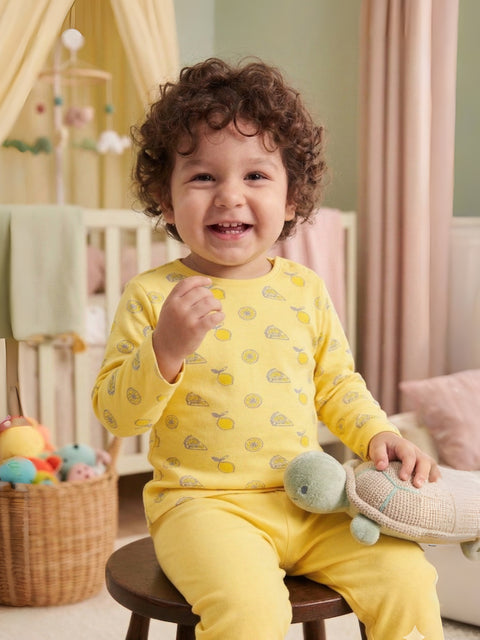 Organic Cotton Unisex Baby Co-ord Set – Soft Breathable Yellow Lemon Print Full Sleeve Top & Pants for Infants