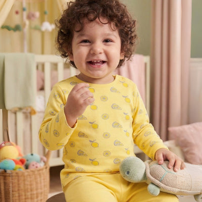 Organic Cotton Unisex Baby Co-ord Set – Soft Breathable Yellow Lemon Print Full Sleeve T-shirt & Pyjama for Infants
