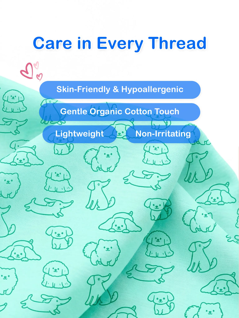 Organic Cotton Baby Clothing Set – Soft Breathable Blue Dog Print T-Shirt, Pyjama & Bib Set