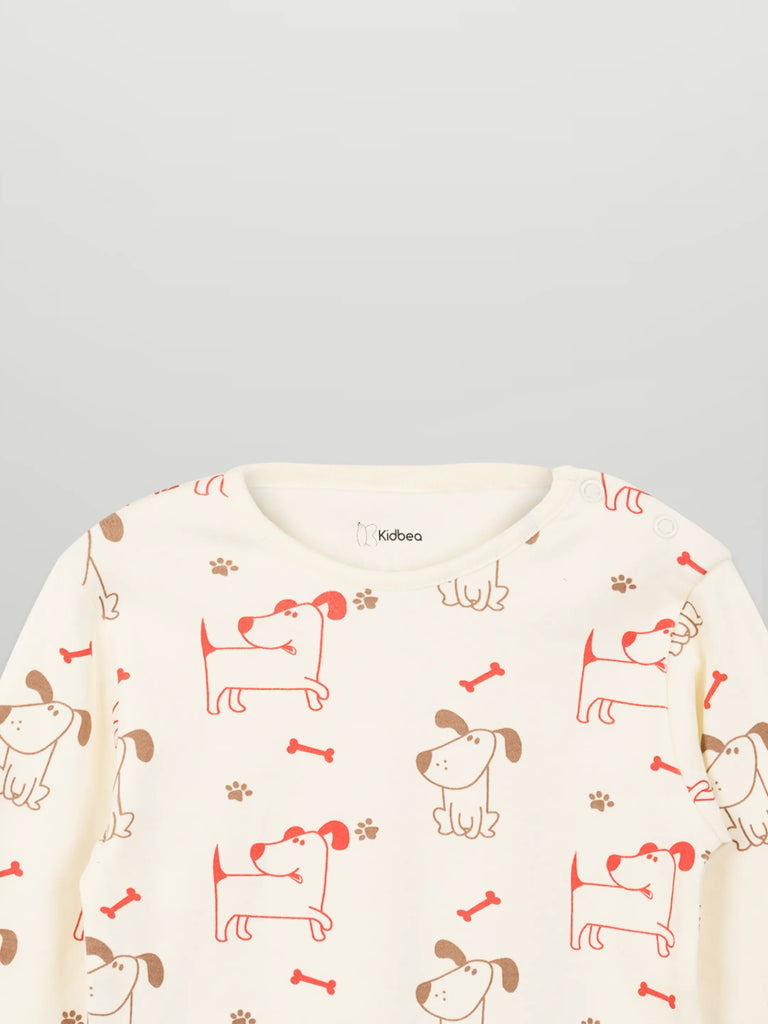 Organic Cotton Unisex Baby Co-ord Set – Soft Breathable Dog Print Full Sleeve T-shirt & Pyjama for Infants