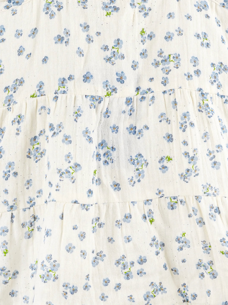 Girls Cotton White Floral Print Frock