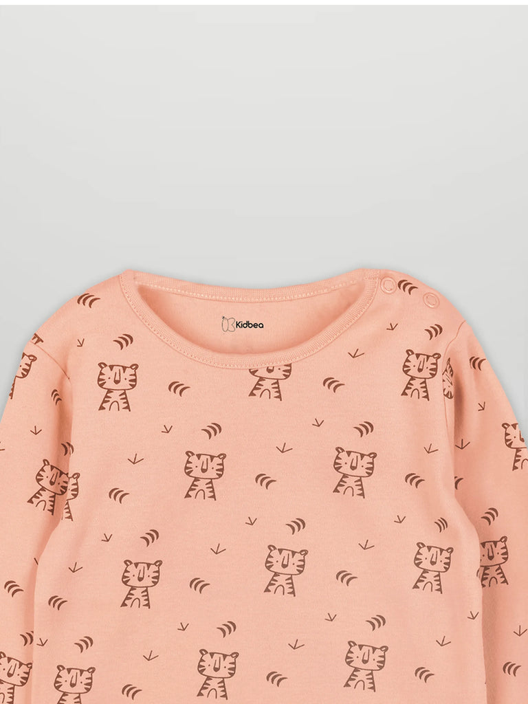 Organic Cotton Unisex Baby Co-ord Set – Soft Breathable Peach Tiger Print Full SleeveT-shirt & Pyjama for Infants
