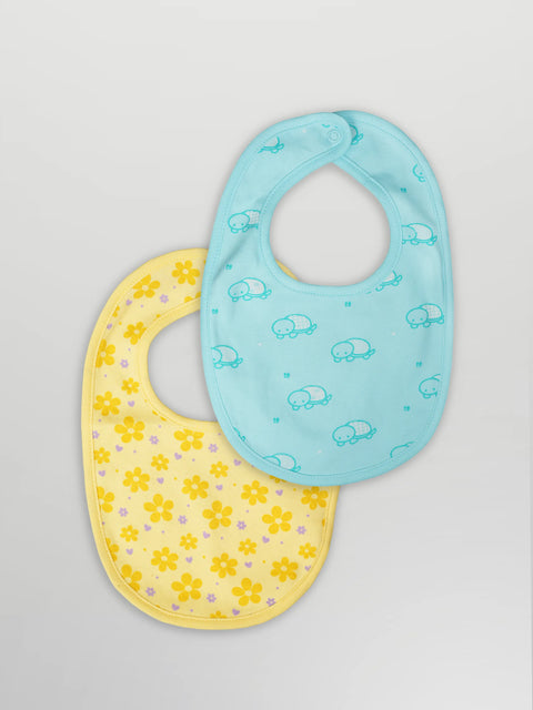 Organic Cotton Baby Bib Pack of 2 – Soft Breathable Turtle & Flower Print, Feeding & Drool Bibs
