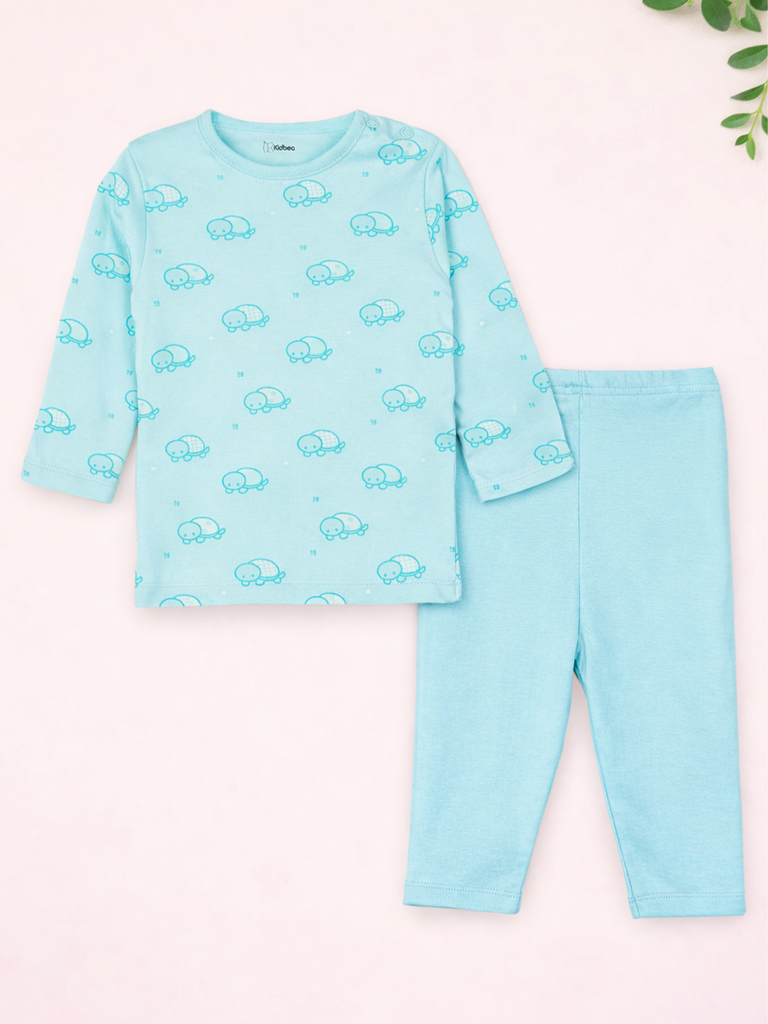 Organic Cotton Unisex Baby Co-ord Set – Soft Breathable Blue Turtle Print Full Sleeve T-shirt & Pyjama for Infants
