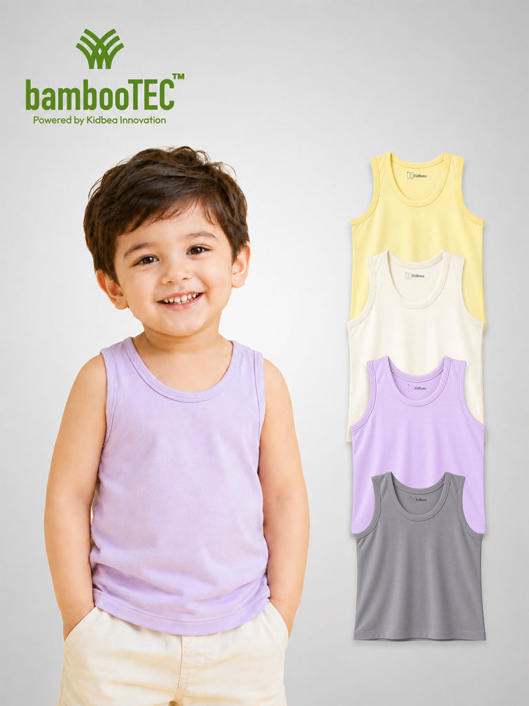BambooTEC™ Bamboo Kids Vest Pack of 4 – Yellow, Cream, Lavender & Grey