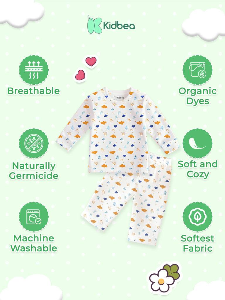100% Bamboo Cotton Unisex Cloud & Nature Printed Co-Ord Set - White