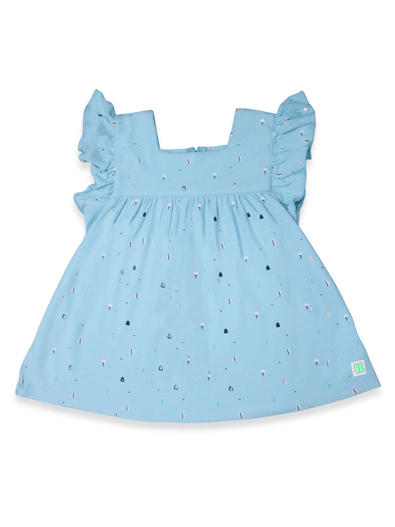 100% Bamboo Ultra-Soft Premium Fabric Baby Girl Frock with ruffled sleeves - Blue