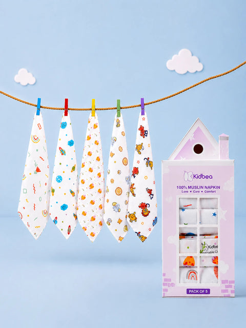 Organic Cotton Muslin Baby Napkin Pack of 5 – Soft & Breathable Baby Napkins