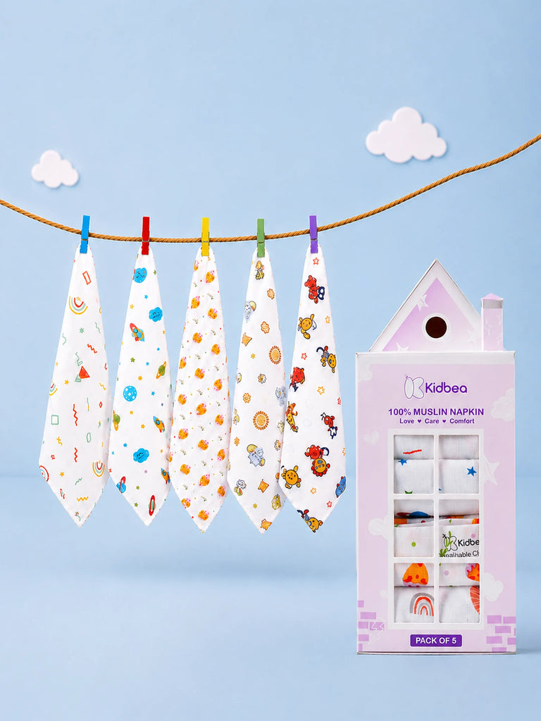 Organic Cotton Muslin Baby Napkin Pack of 5 – Soft & Breathable Baby Napkins