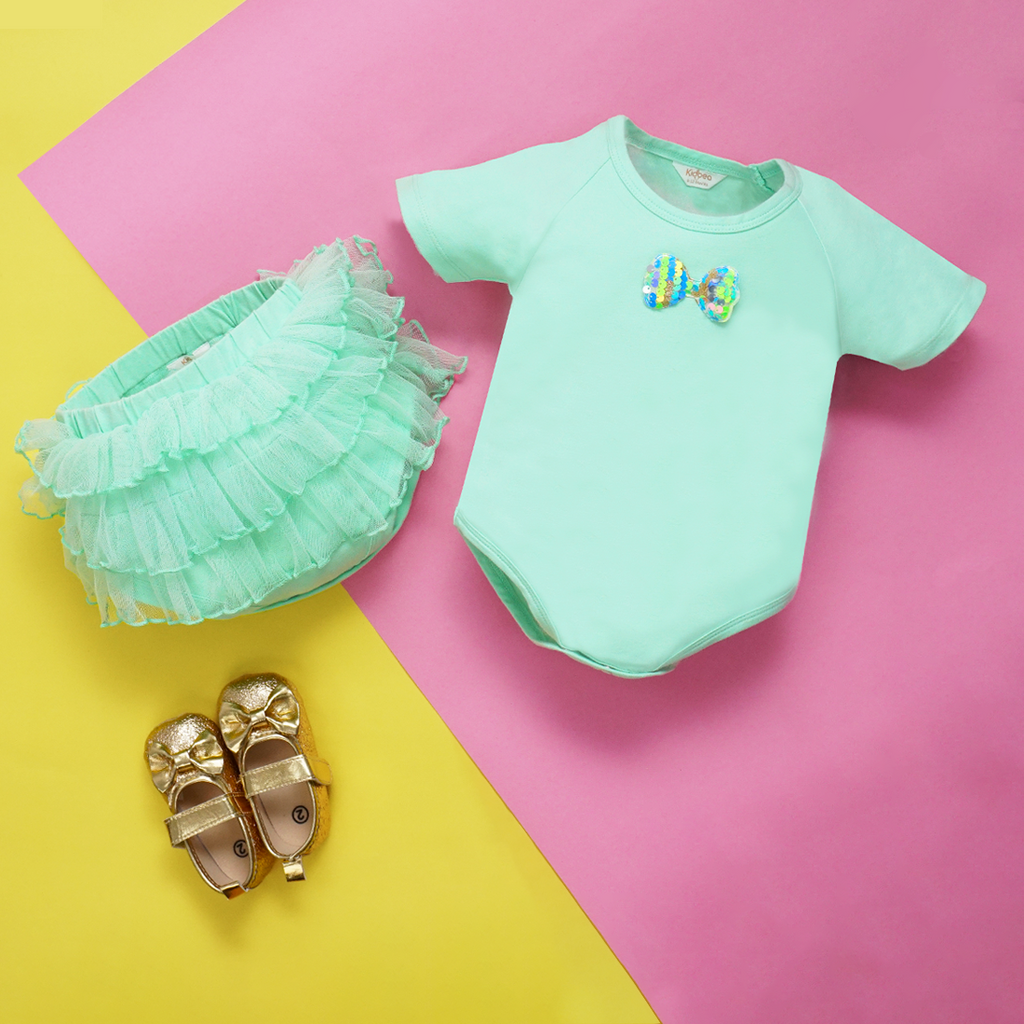 Mint Green Sequin Bow Onesie with Bloomer 2pc Set for Baby Girl | Party Wear